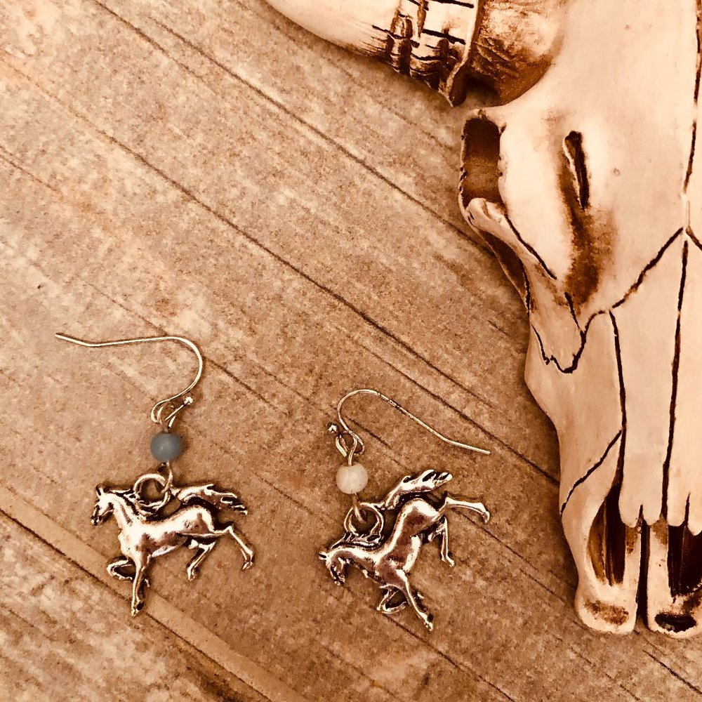 Burnished silvertone galloping horse earrings